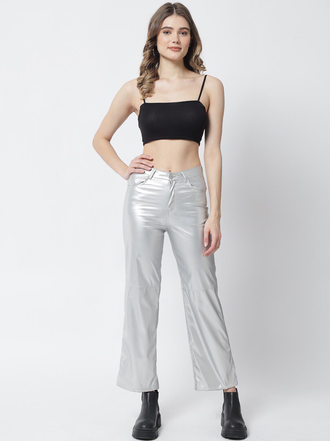 Kotty Women Silver-Toned Relaxed Straight Fit Trousers