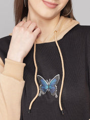 Kotty Women Black Printed Hooded Fleece Sweatshirt