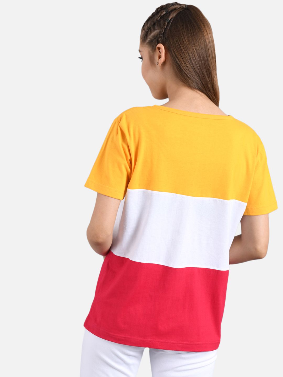 Kotty Yellow Colourblocked Round Neck Regular Fit Cotton Casual T-Shirt