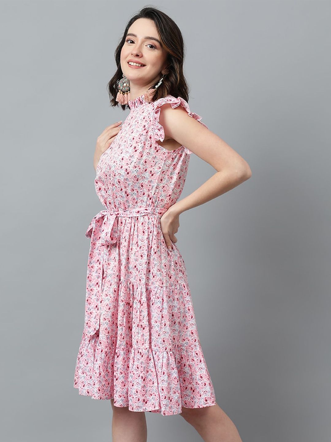 Kotty Pink & White Floral Printed High Neck Ruffled Fit & Flare Dress