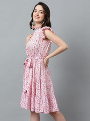 Kotty Pink & White Floral Printed High Neck Ruffled Fit & Flare Dress