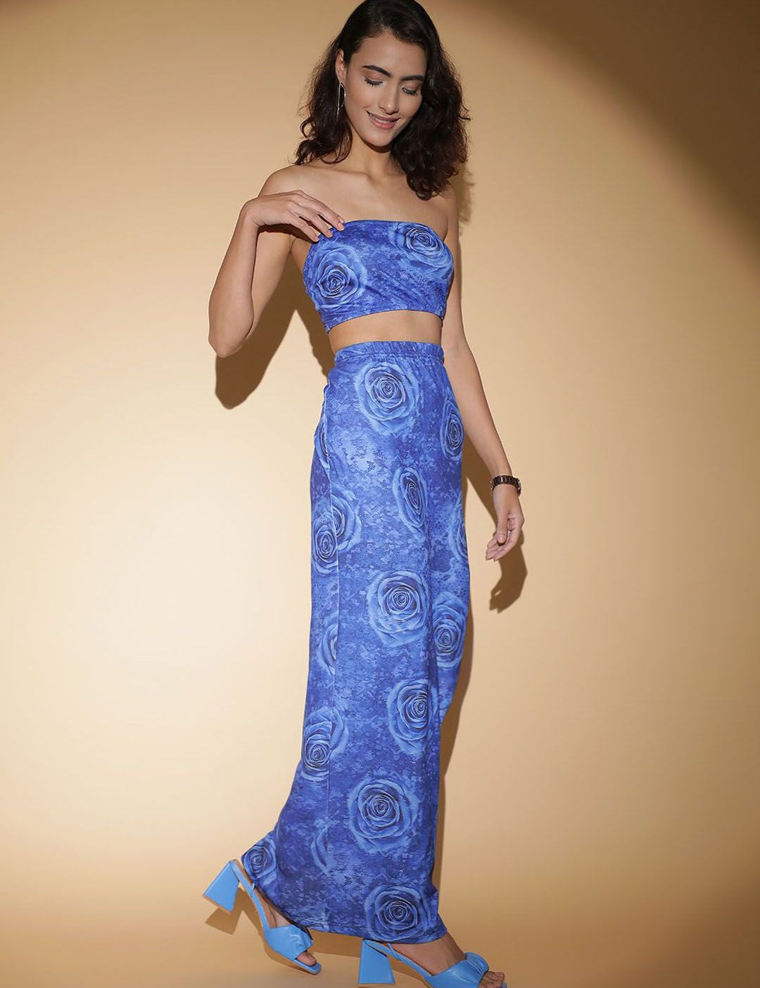 Kotty Blue Printed Strapless Top With Skirts