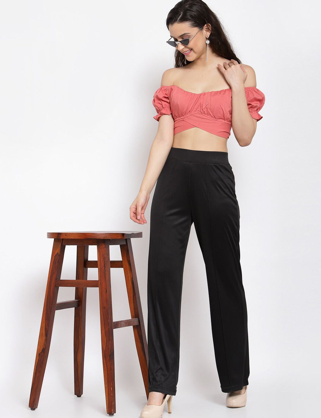 Kotty Women Black Flared High-Rise Parallel Trousers Parallel Trousers