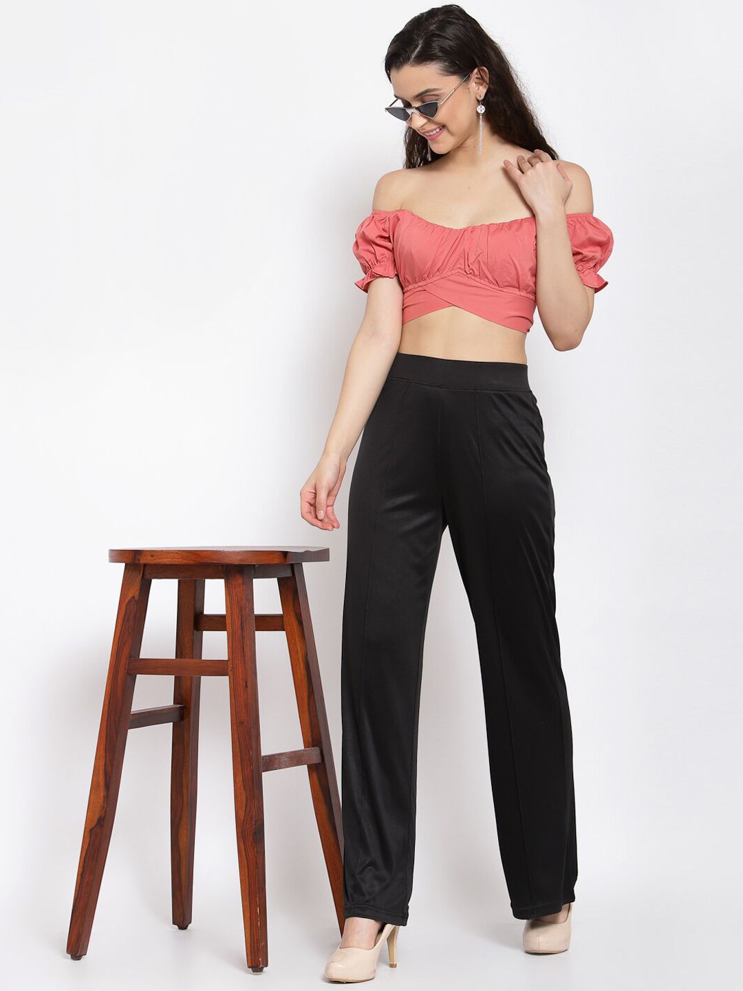 Kotty Women Black Flared High-Rise Parallel Trousers Parallel Trousers