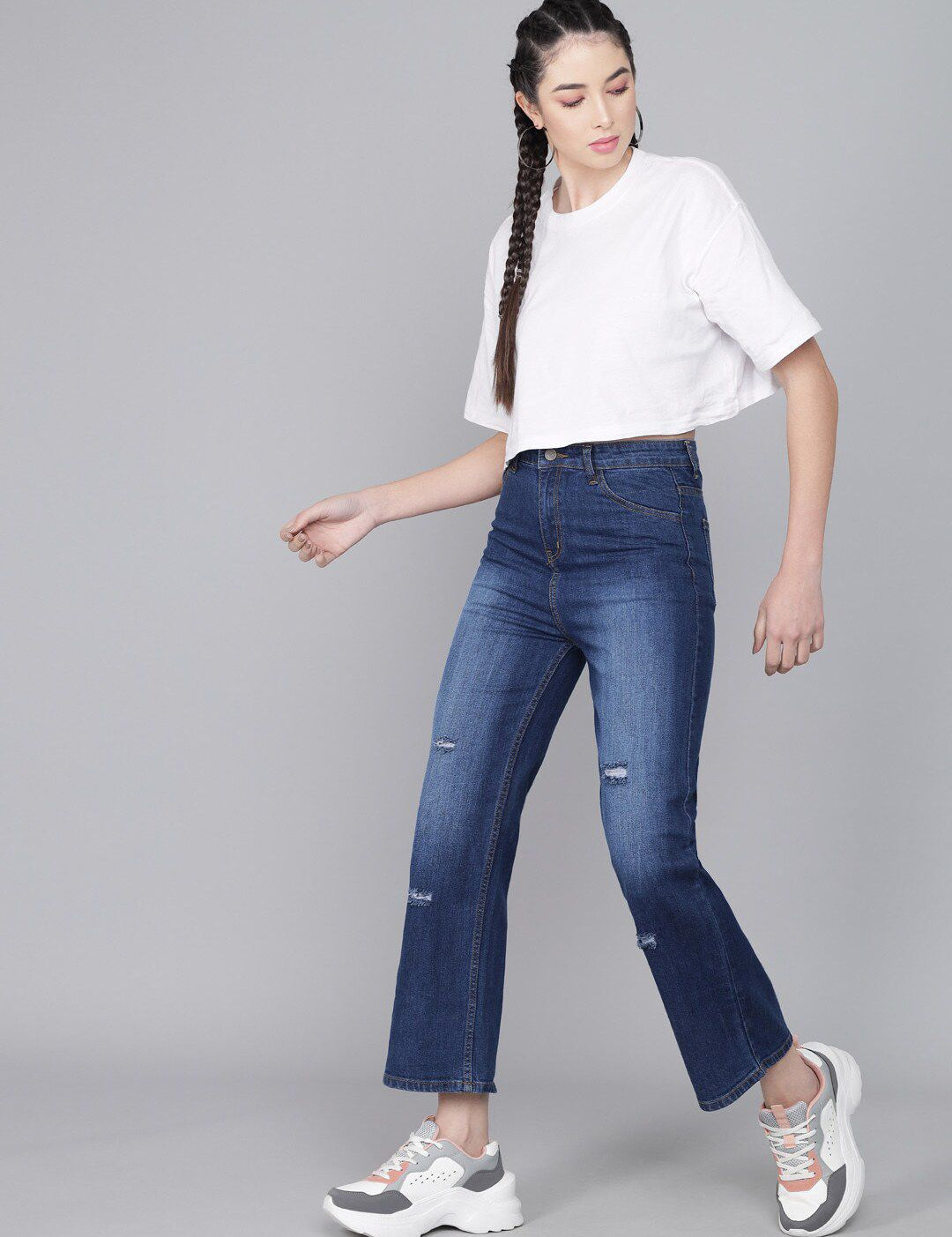 Kotty Women Blue Flared High-Rise Low Distress Light Fade Cropped  Jeans