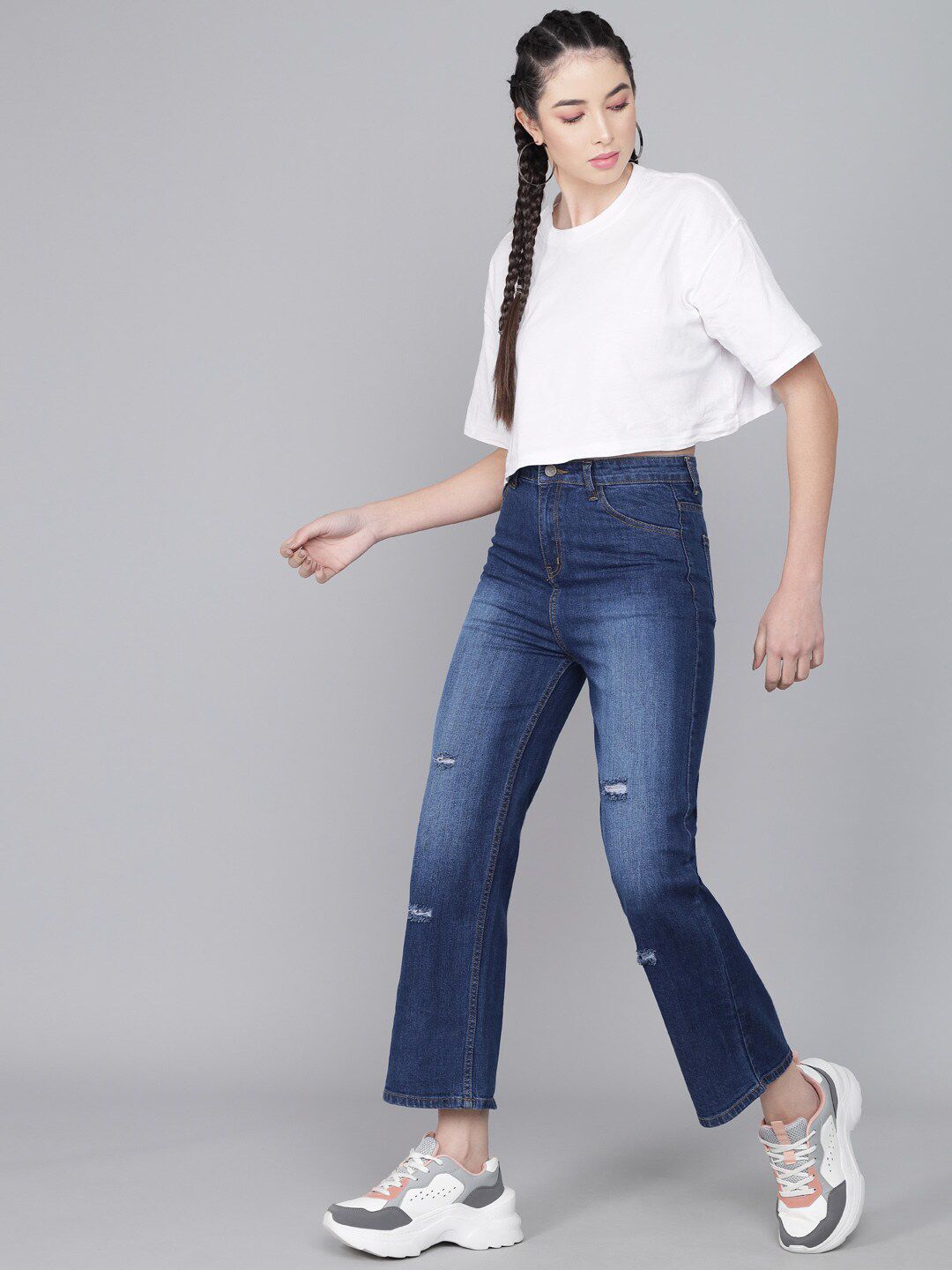 Kotty Women Blue Flared High-Rise Low Distress Light Fade Cropped  Jeans