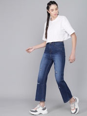 Kotty Women Blue Flared High-Rise Low Distress Light Fade Cropped  Jeans