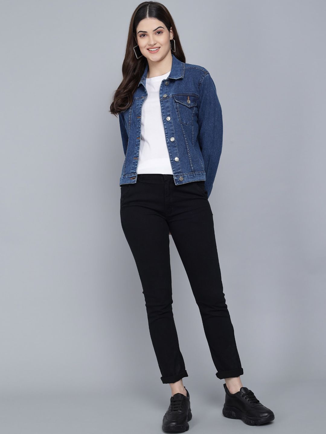 Kotty Women Blue Washed Lightweight Crop Denim Jacket with Patchwork