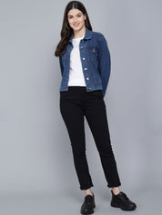 Kotty Women Blue Washed Lightweight Crop Denim Jacket with Patchwork