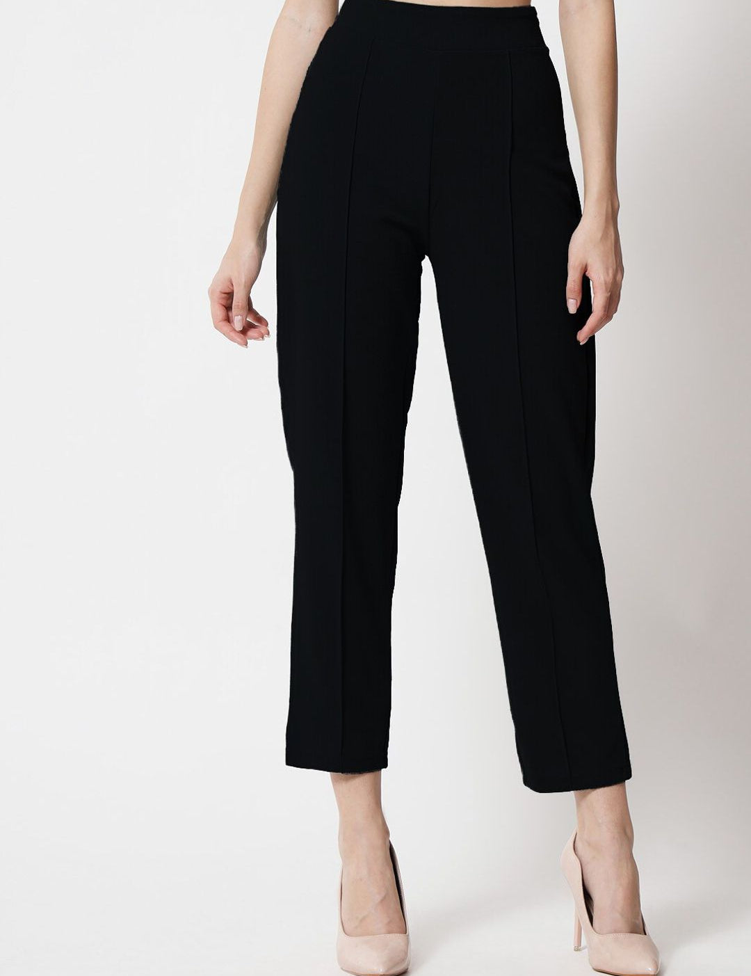 Kotty Women Black Comfort Straight Fit High-Rise Easy Wash Pleated Trousers