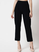 Kotty Women Black Comfort Straight Fit High-Rise Easy Wash Pleated Trousers
