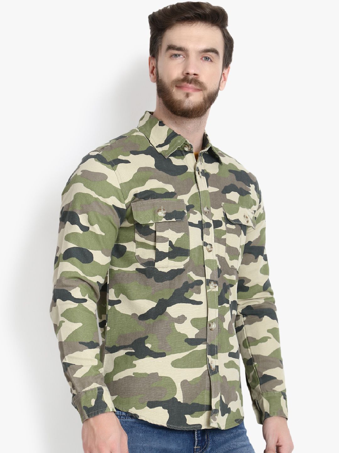 Kotty Men Green Camouflage Lightweight Denim Jacket
