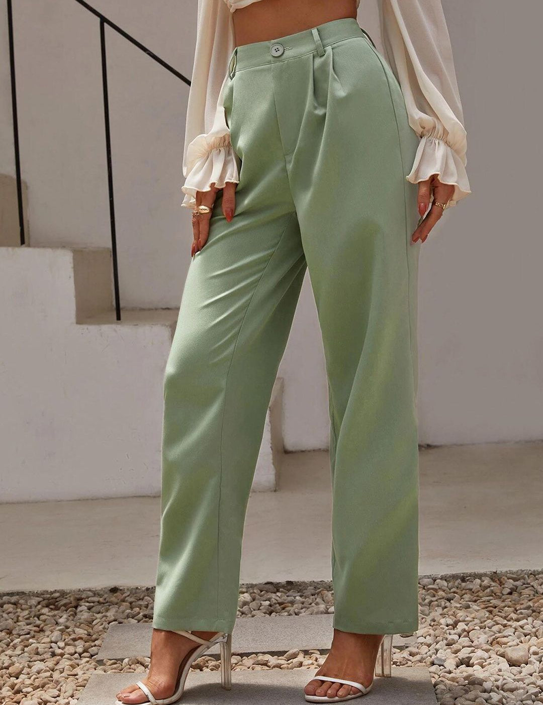 KOTTY BIZwear Women Green Relaxed Straight Fit High-Rise Easy Wash Pleated Trousers
