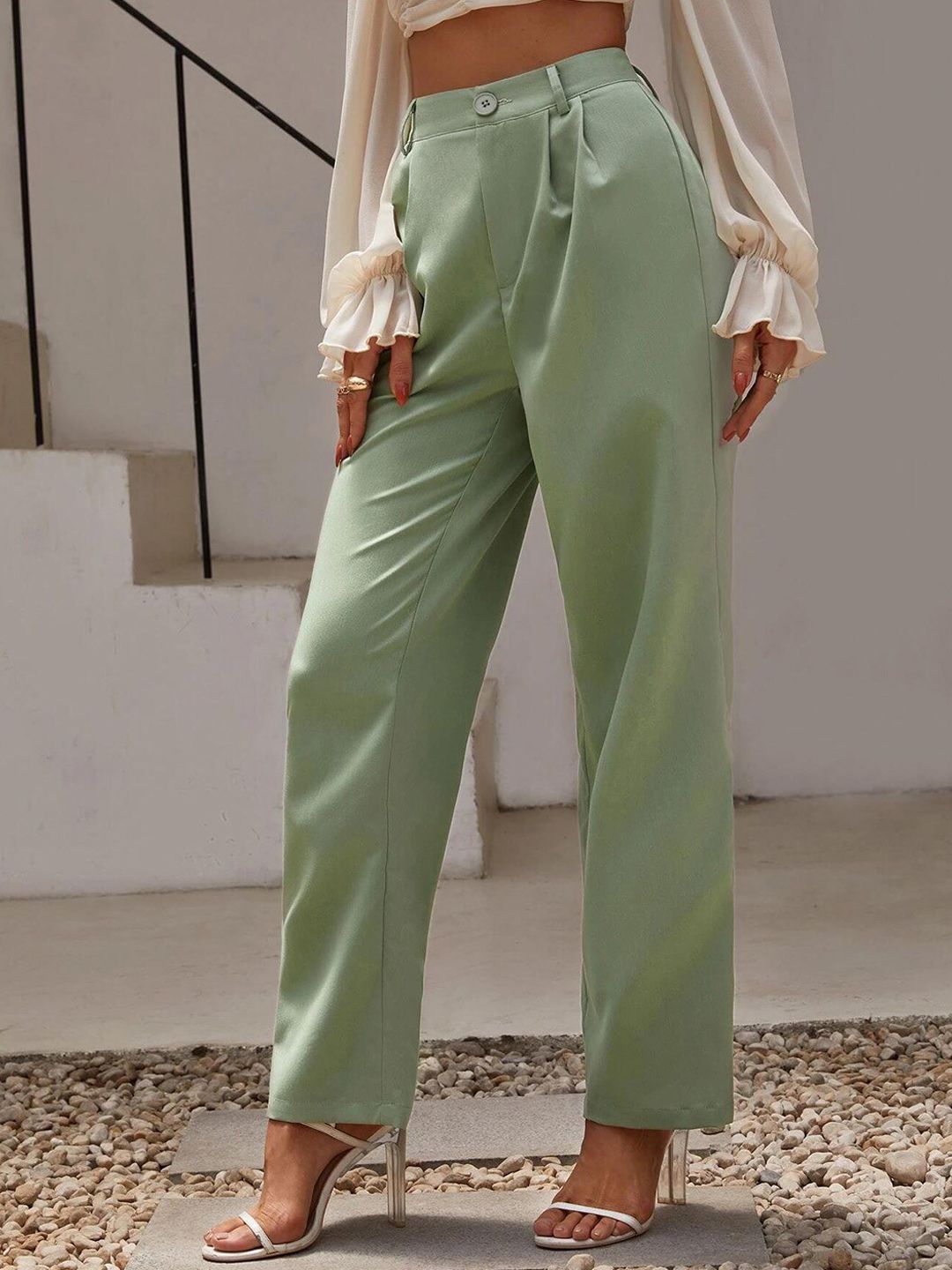 KOTTY BIZwear Women Green Relaxed Straight Fit High-Rise Easy Wash Pleated Trousers