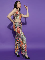 Kotty Pink Floral Printed Halter Neck Sleeveless Crop Top & Palazzo 