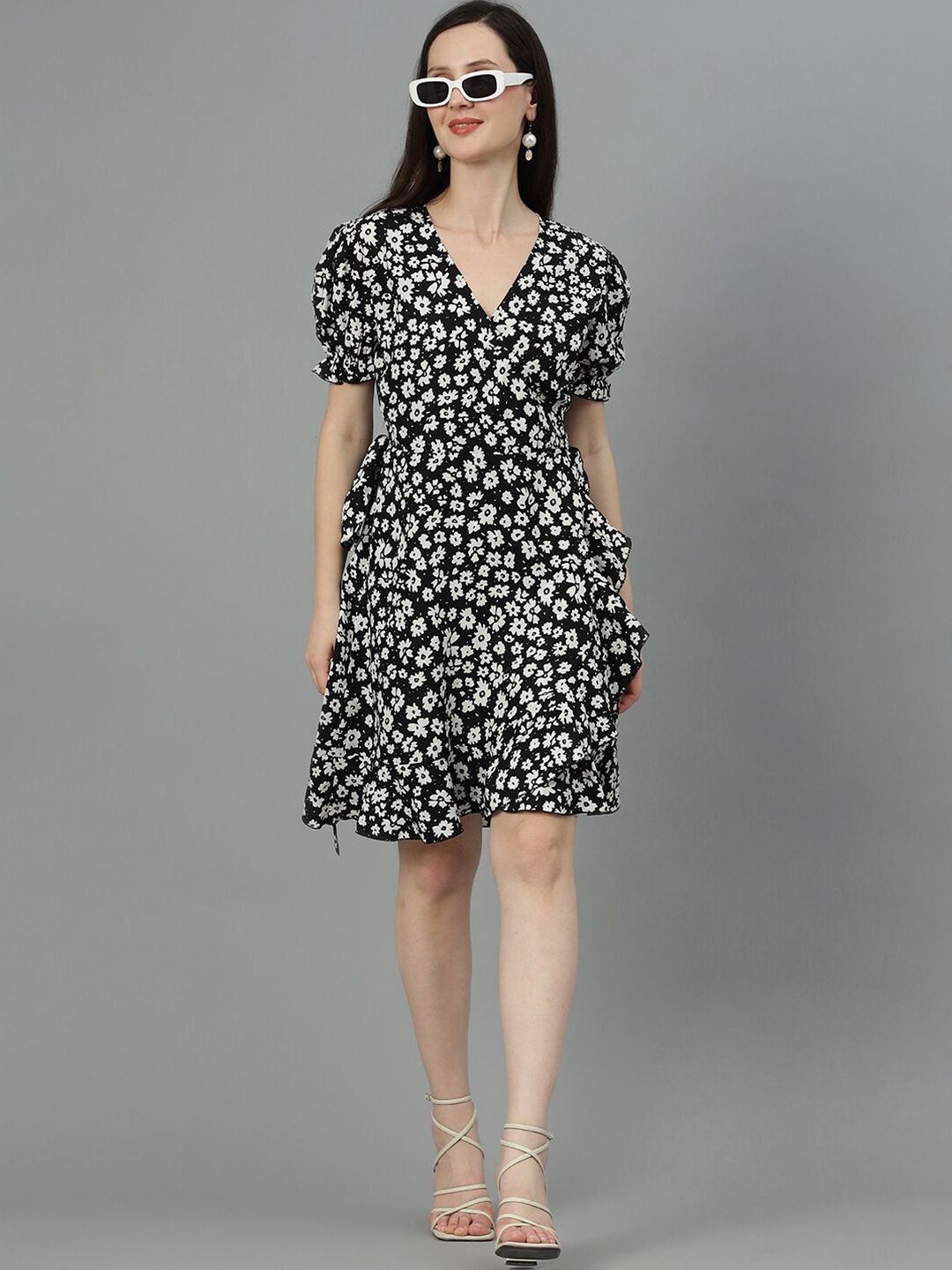 Kotty Black & White Floral Printed Puff Sleeves Crepe Wrap Dress