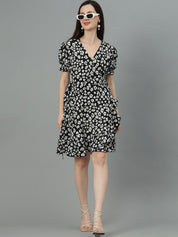 Kotty Black & White Floral Printed Puff Sleeves Crepe Wrap Dress