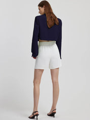 Kotty Navy Blue Crop Notched Lapel Collar Regular Fit Blazer