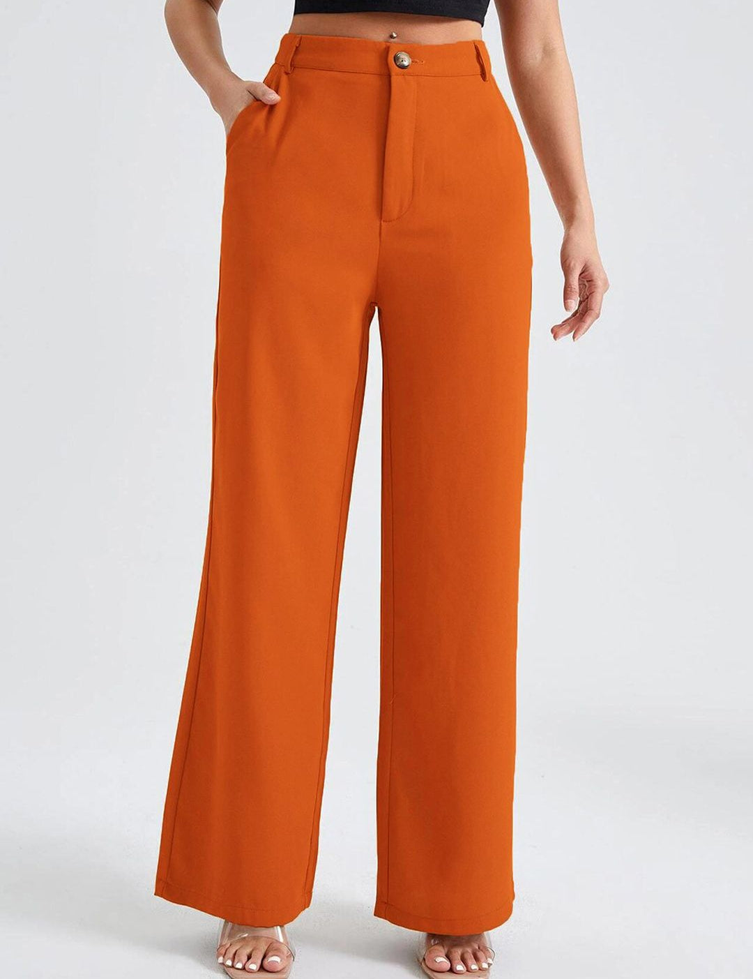 Kotty Women Orange Relaxed Straight Fit High-Rise Easy Wash Trousers