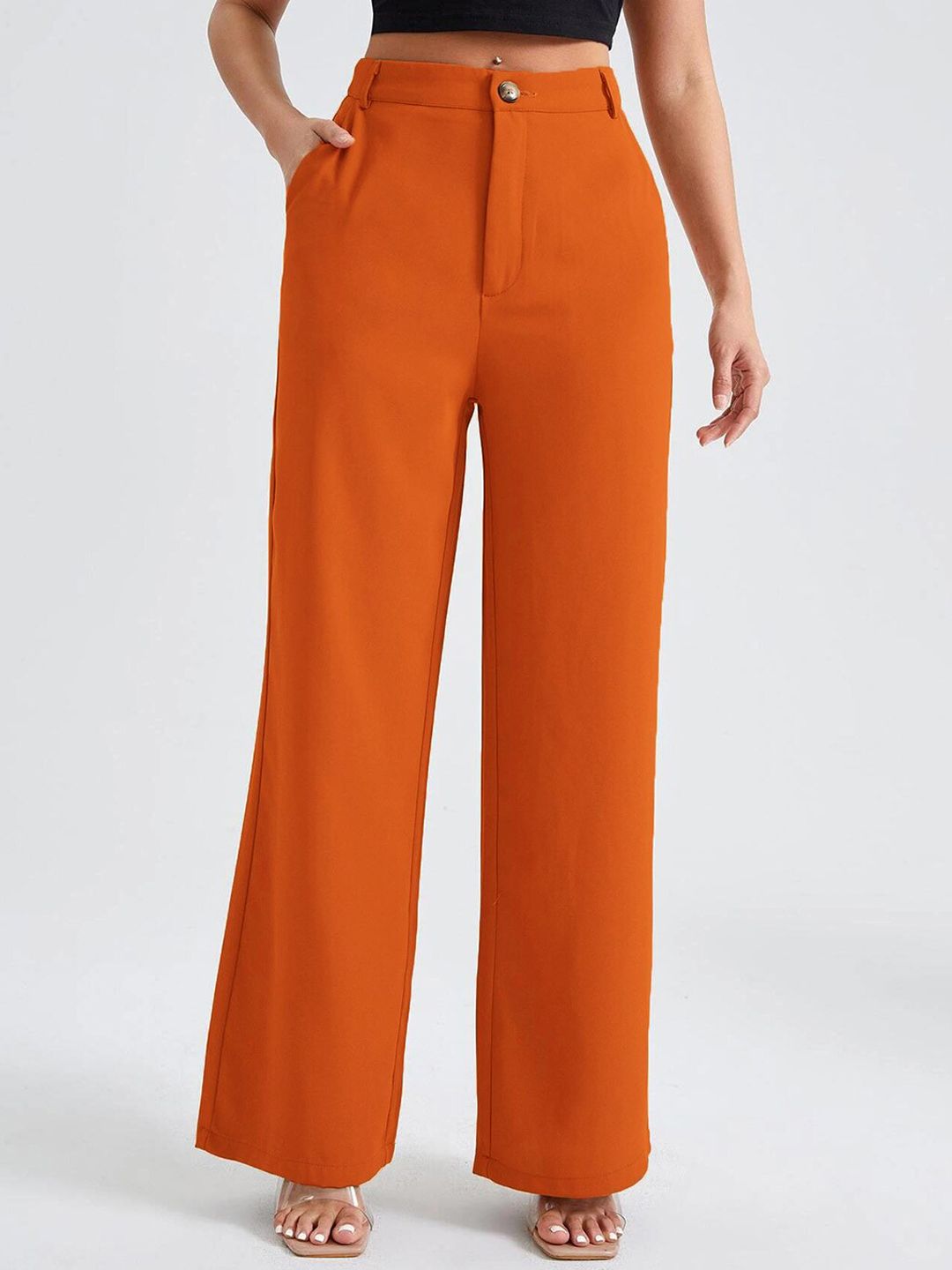 Kotty Women Orange Relaxed Straight Fit High-Rise Easy Wash Trousers