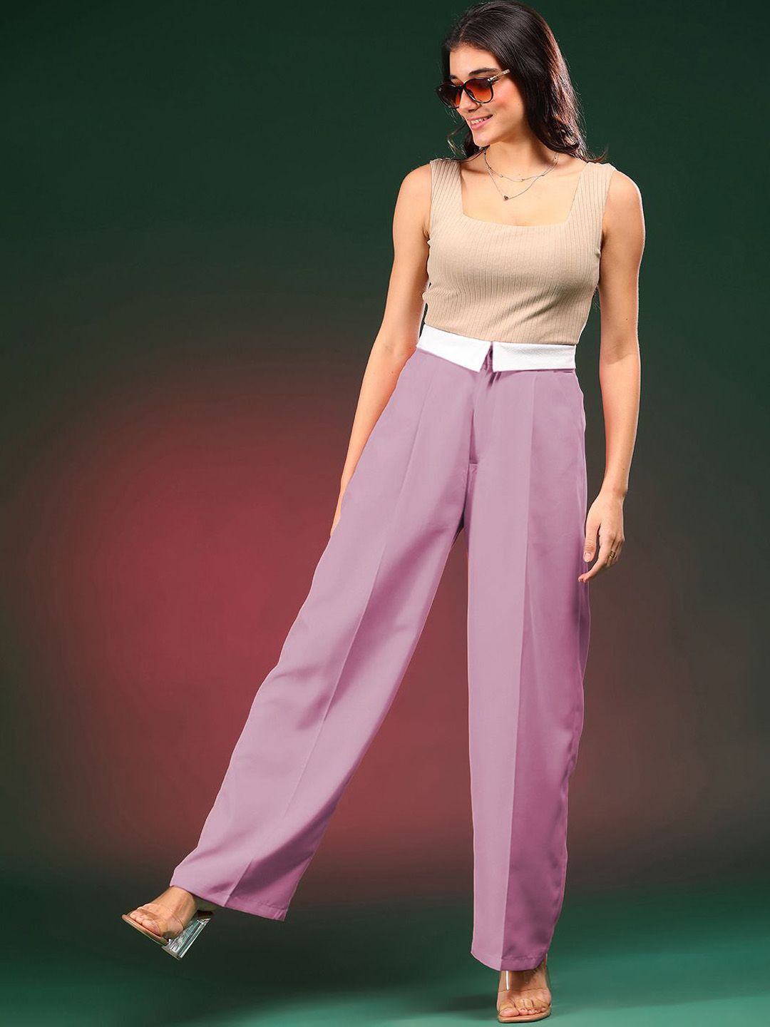 Kotty Women Straight Fit High-Rise Easy Wash Pleated Trousers