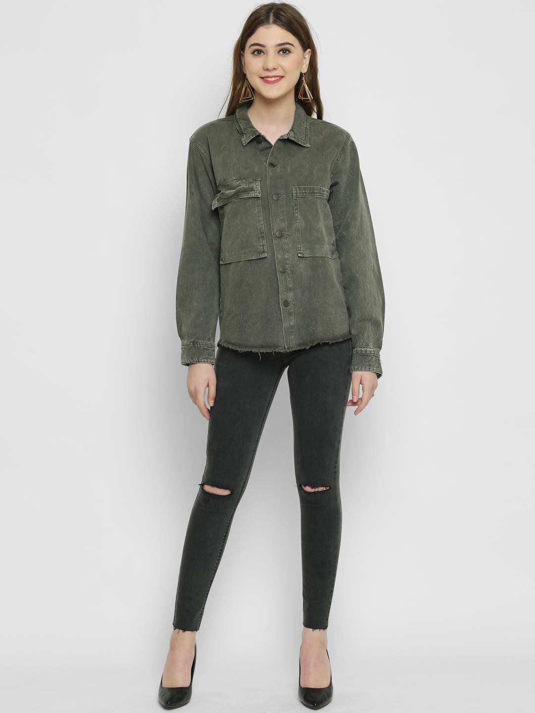 Kotty Women Olive Green Solid Denim Jacket