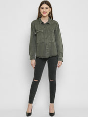 Kotty Women Olive Green Solid Denim Jacket