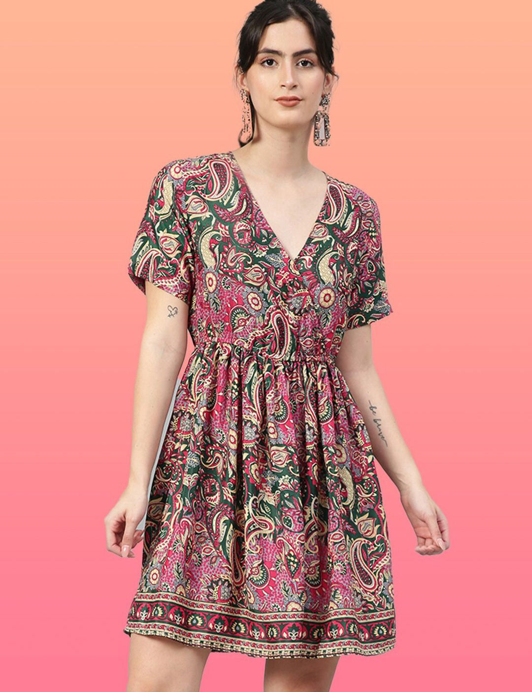 Kotty Green & Pink Ethnic Motifs Printed V-Neck Crepe Fit & Flare Dress