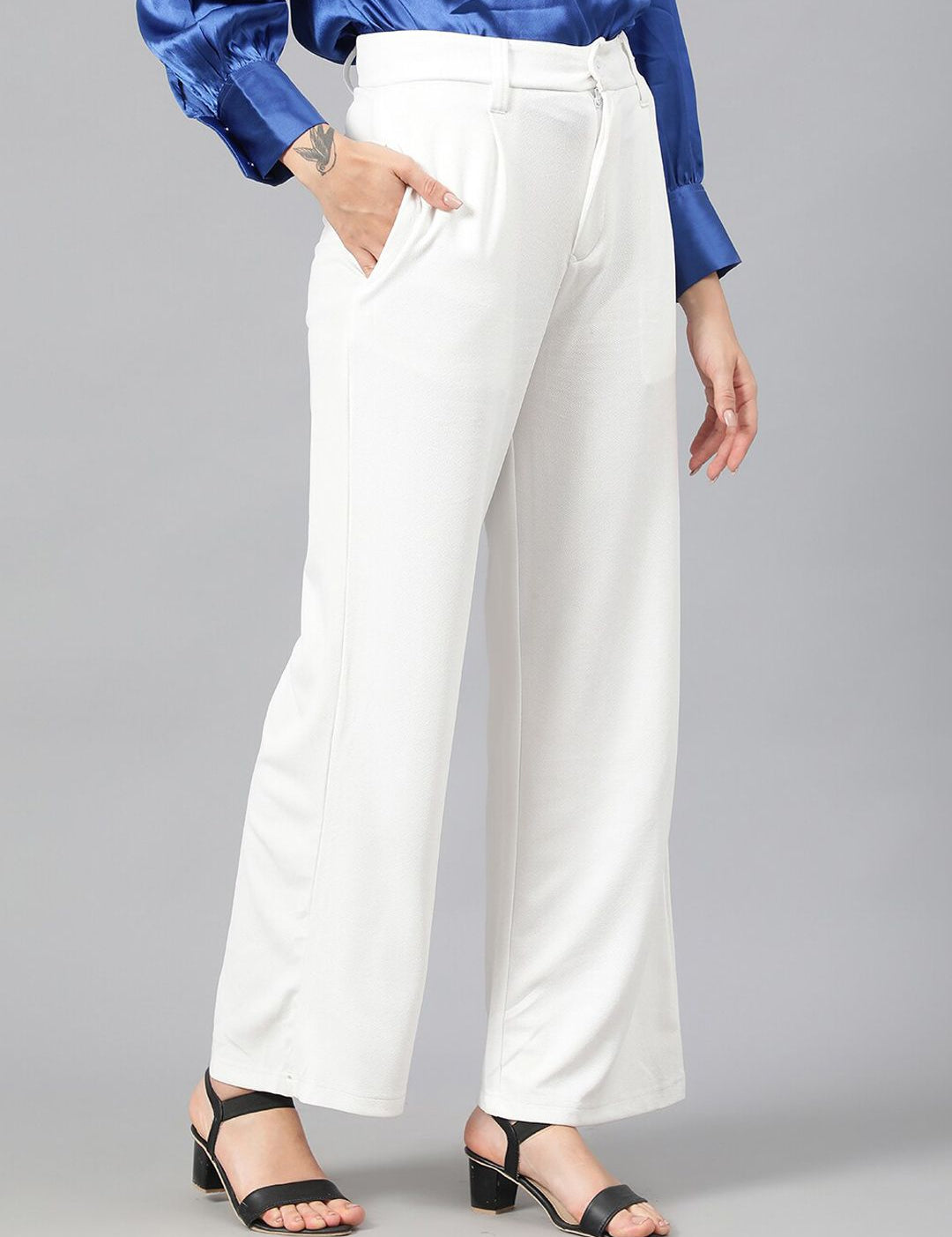 Kotty Women White Relaxed Straight Leg Fit High-Rise Easy Wash Pleated Parallel Trousers