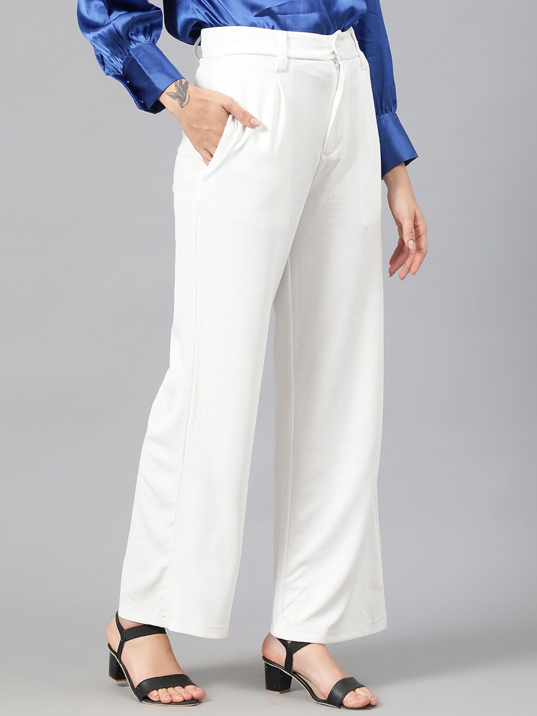 Kotty Women White Relaxed Straight Leg Fit High-Rise Easy Wash Pleated Parallel Trousers