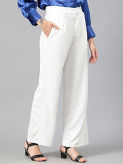 Kotty Women White Relaxed Straight Leg Fit High-Rise Easy Wash Pleated Parallel Trousers