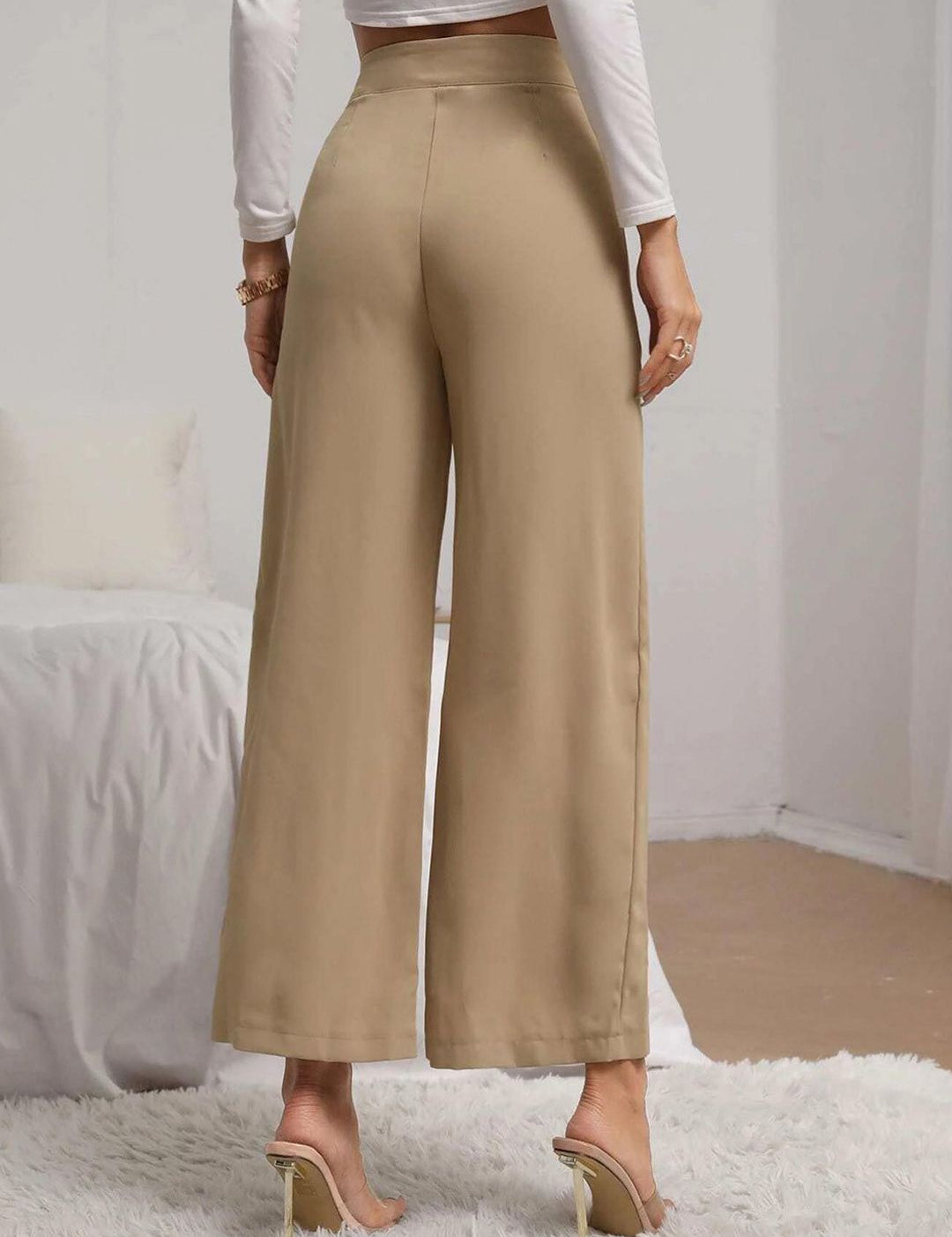Kotty Women Beige Relaxed Straight Fit High-Rise Easy Wash Pleated Trousers