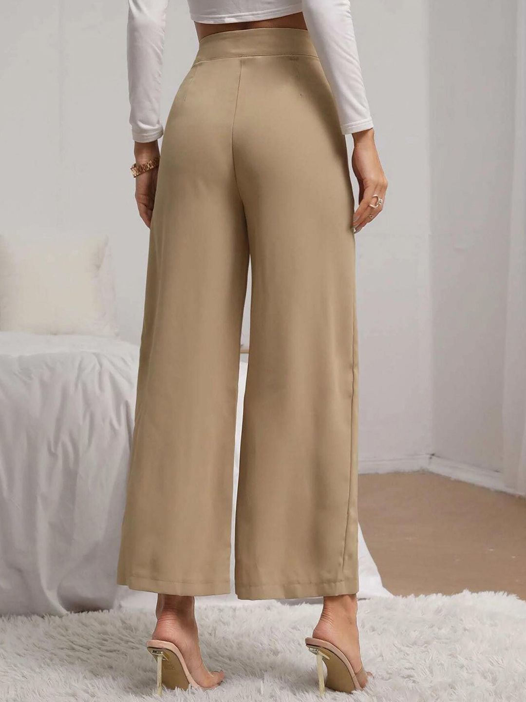 Kotty Women Beige Relaxed Straight Fit High-Rise Easy Wash Pleated Trousers