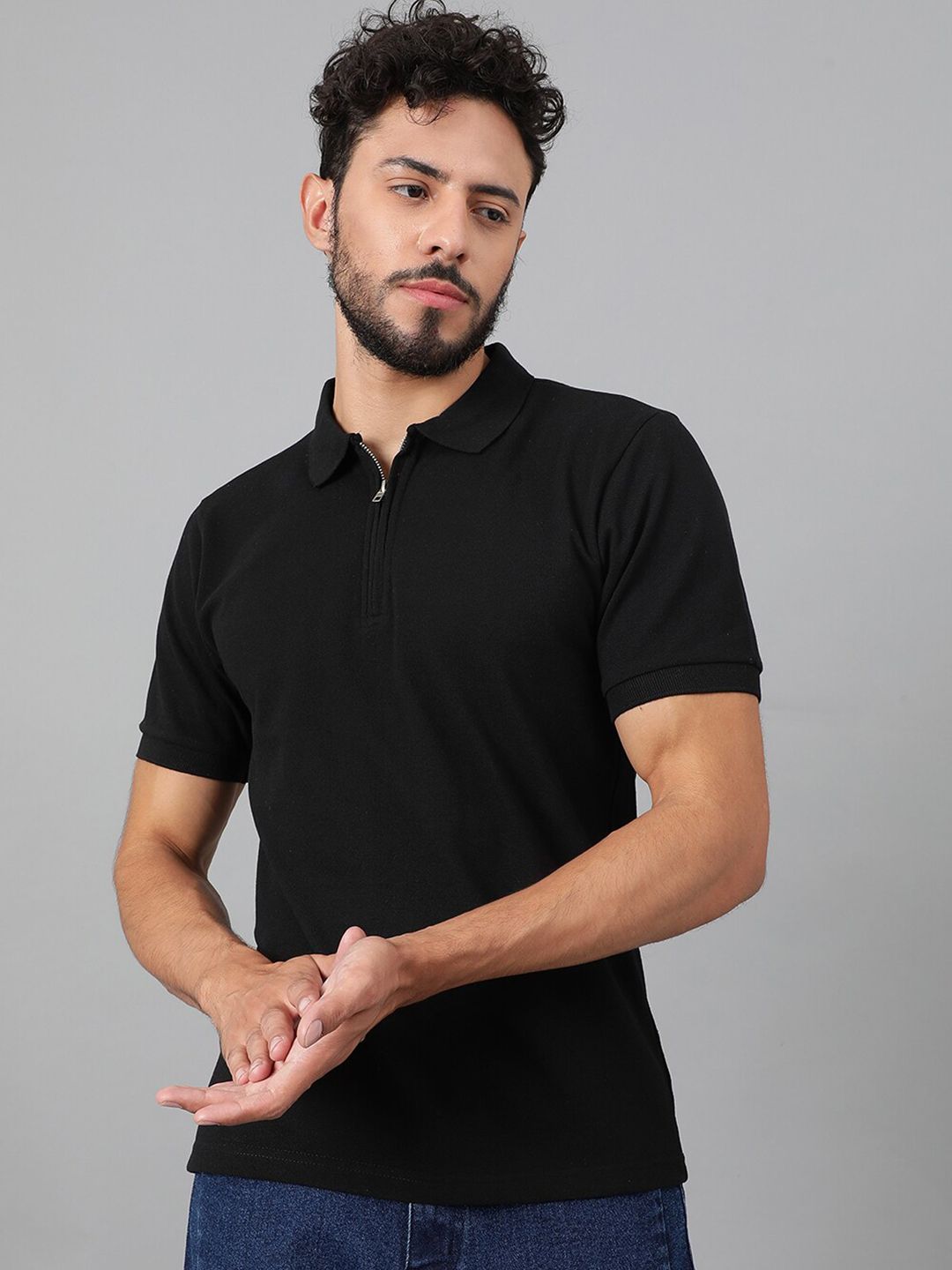 Kotty Black Polo Collar Cotton T-shirt