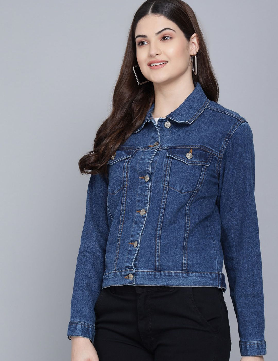 Kotty Women Blue Washed Lightweight Crop Denim Jacket with Patchwork