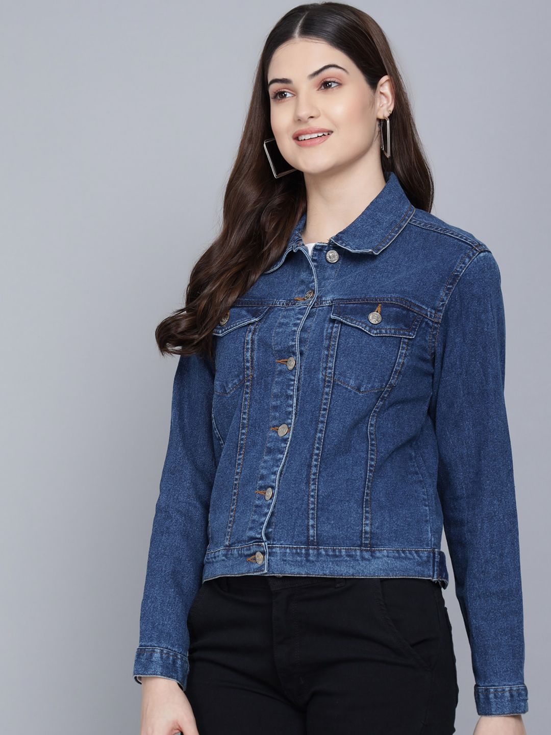 Kotty Women Blue Washed Lightweight Crop Denim Jacket with Patchwork
