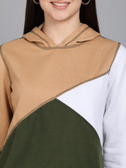 Kotty Women Beige Colourblocked Hooded Sweatshirt