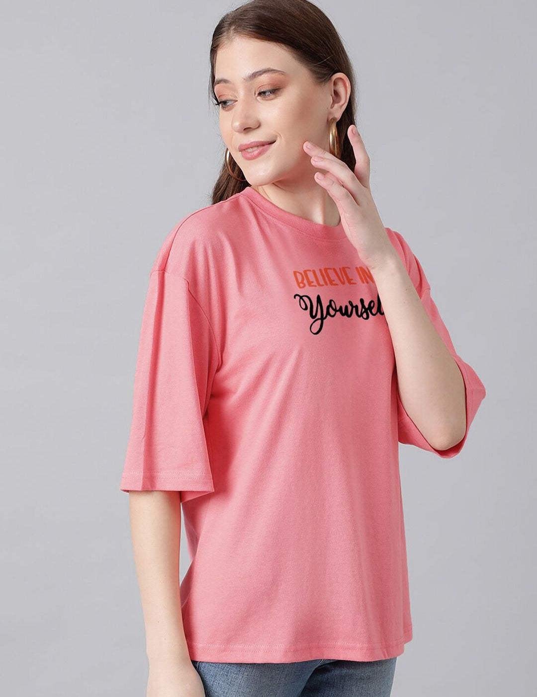 Kotty Pink Typography Printed Oversized T-shirt