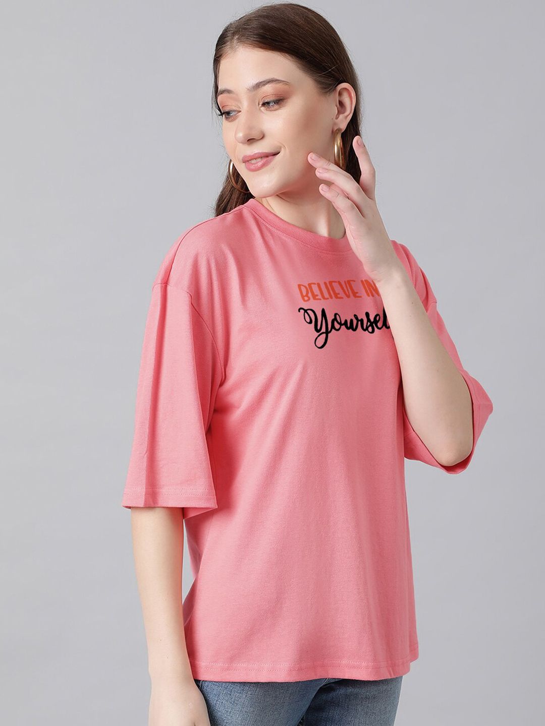 Kotty Pink Typography Printed Oversized T-shirt