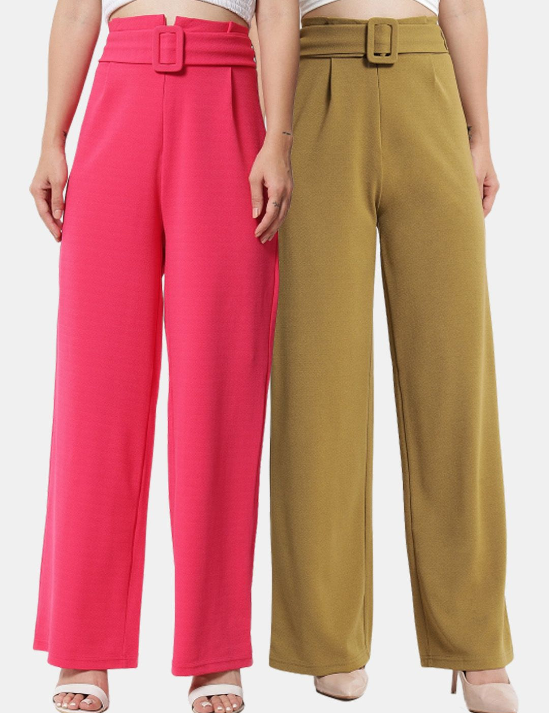 Kotty Women Pack Of 2 Relaxed High-Rise Straight Fit Easy Wash Pleated Trousers