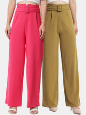 Kotty Women Pack Of 2 Relaxed High-Rise Straight Fit Easy Wash Pleated Trousers