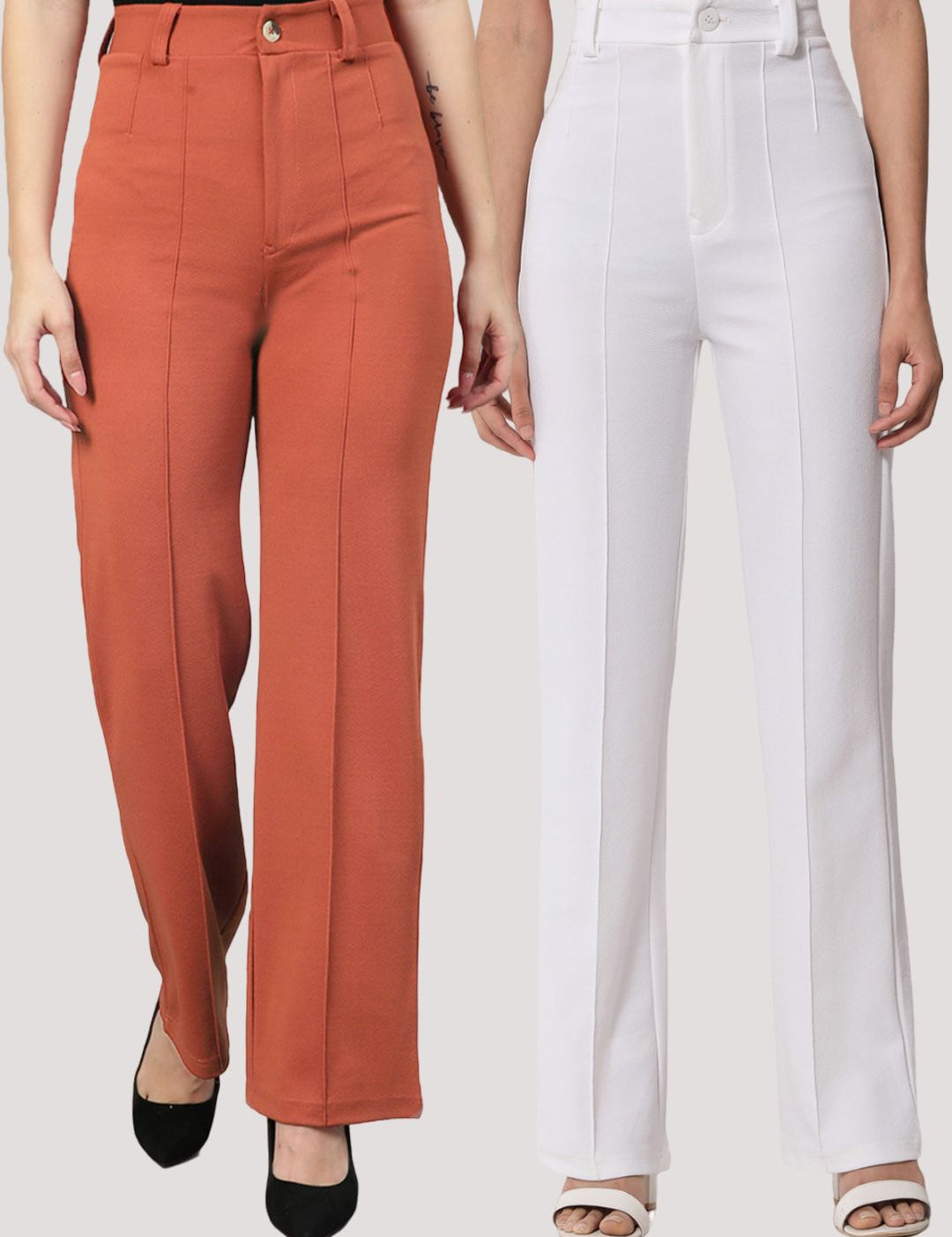 Kotty Women Pack Of 2 Relaxed Straight Leg Fit High-Rise Easy Wash Trousers