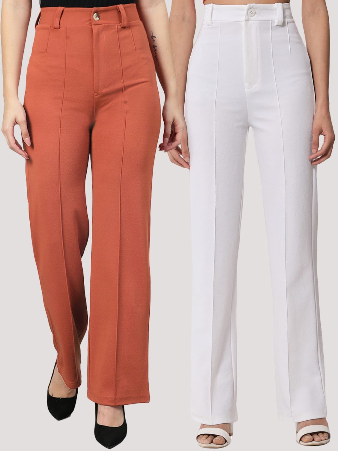 Kotty Women Pack Of 2 Relaxed Straight Leg Fit High-Rise Easy Wash Trousers