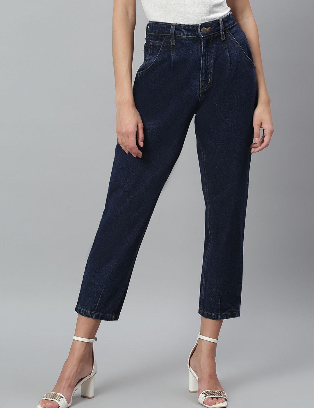 Kotty Women Navy Blue Boyfriend Fit Mid-Rise Cotton Clean Look Jeans