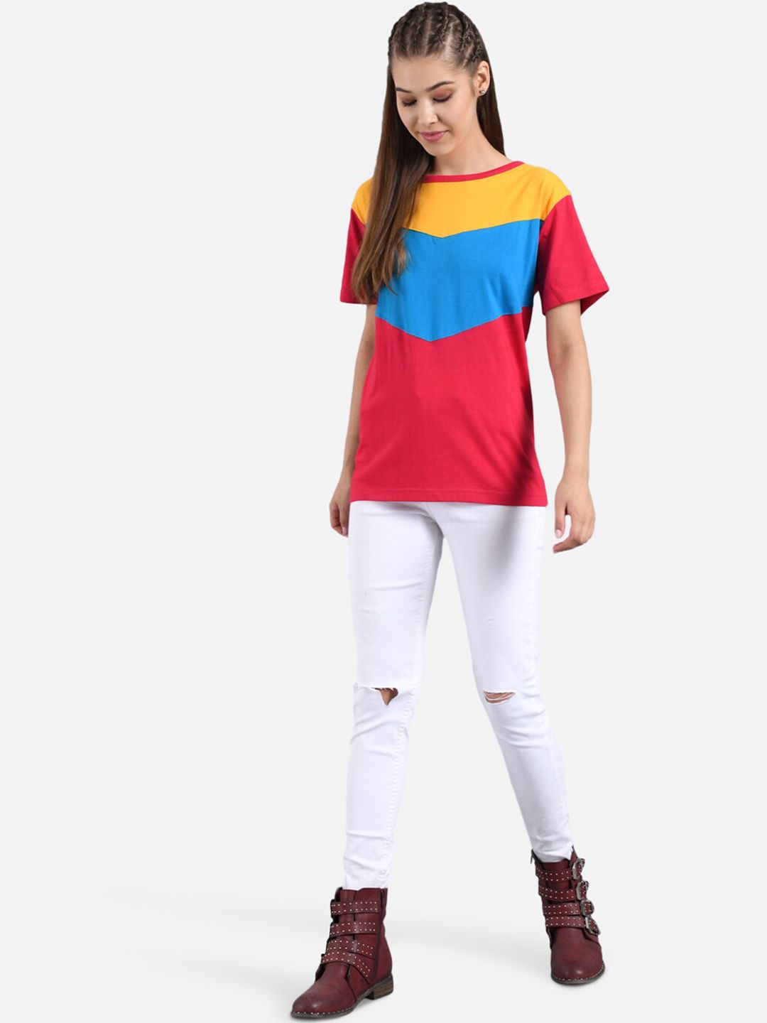 Kotty Women Red & Blue Colourblocked Boat Neck T-shirt
