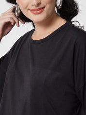 Kotty Women Black Drop-Shoulder Sleeves Applique Oversized  T-shirt