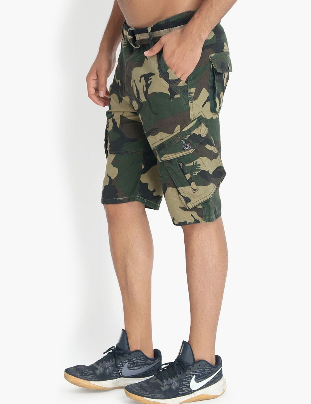 Kotty Men Olive Green & Yellow Camouflage Printed Regular Fit Cargo Shorts