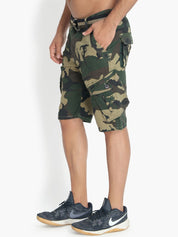 Kotty Men Olive Green & Yellow Camouflage Printed Regular Fit Cargo Shorts