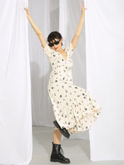 Kotty Cream & Black Floral Printed Wrap Midi Dress