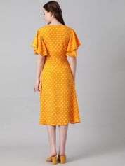Kotty Yellow & White Polka Dots Printed Flared Sleeves A-Line Midi Dress